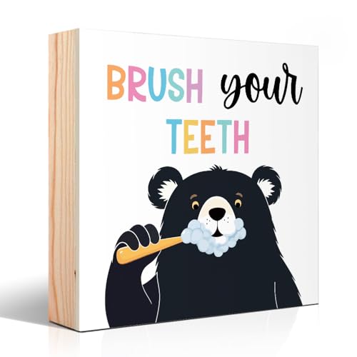 Vgrti Brush Your Teeth Wooden Box Sign, Colorful Kids Bathroom