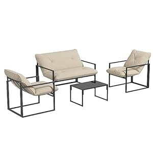 Outsunny Gartenmöbel Set 4 Personen Stahl wetterfest Balkonmöbel-Set mit 2er Sofa, Sessel Glastisch Sitzkissen Outdoor Sitzgruppe Terrassenmöbel Gartengarnitur für Garten Terrasse Balkon Grau+Beige