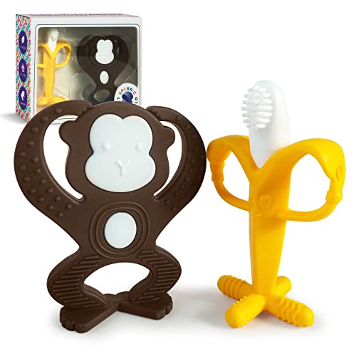 Image of Baby Teething Toys Set - Baby Monkey Banana Teether and Toothbrush - Safe and Durable Teething Set - Teething Banana Toy for Babies - Teething Toys with Various Textures and Educational Design