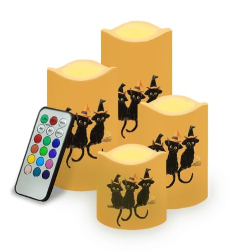 Image of Witch Black Cat Electric Flameless Candles Set of 4 | Halloween Battery Operated Candles with Remote Control, Electric Pillar Candles for Holiday Party Living Room Decorations