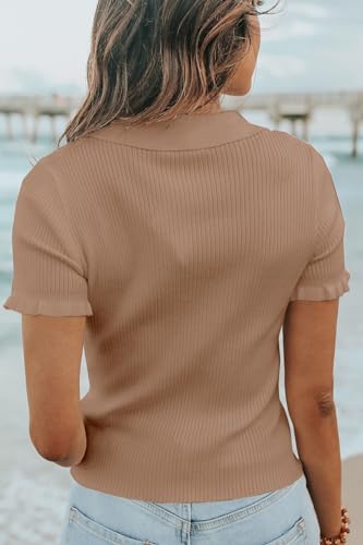 Image of Womens Short Sleeve Sweater Tops V Neck Button Collared Ribbed Knit Pullover Shirt Slim Cropped Fall Blouse Tee