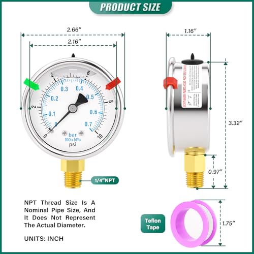 Image of 0-10PSI Stainless Steel Liquid Filled Pressure Gauge, 2.5 inch Dial Size, 1 /4 inch NPT Lower Mount, for Tube, Water Pump, Gas, Liquid, Pressure Test (with Range Mark Pointer)