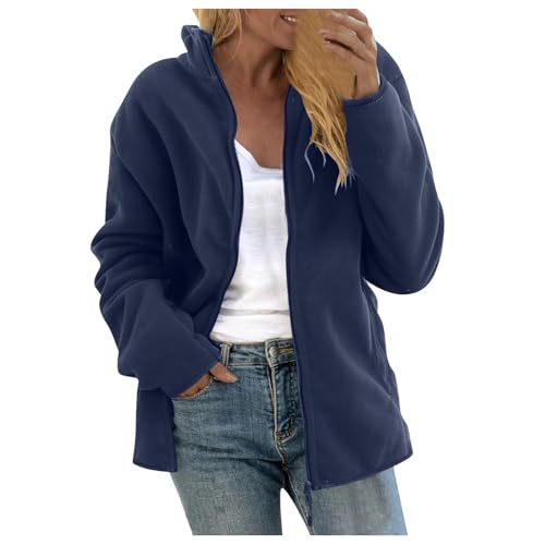 La mejor selección de Sudaderas sin capucha para Mujer favoritos de las personas. 46 chamarra de otoño 2025 para mujer, de forro polar, con cierre, de gran tamaño, sudadera con capucha de manga larga, azul (02 Dark Blue), Large