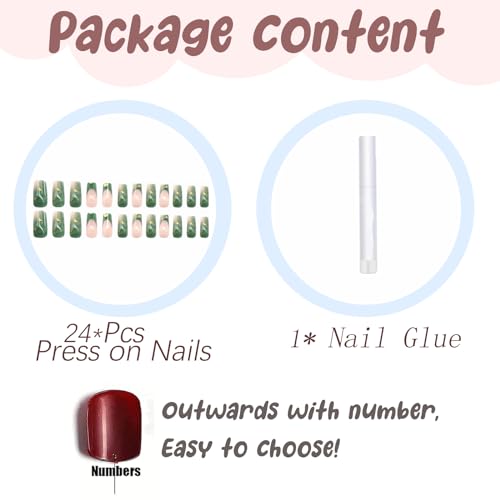 BABALAL Green Press on Nails Medium Square Fake Nails French Tip Stick on Nails Gold Design Acrylic Nails 24Pcs Squoval False Nails