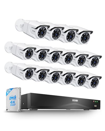 ZOSI 16CH 4K PoE Security Camera System with Audio, 16 x 8MP Outdoor Metal Bullet Cameras, People Counting, Person/Vehicle Detection, 16 Port 32-Channel NVR with 4TB HDD for Commercial 24/7 Recording