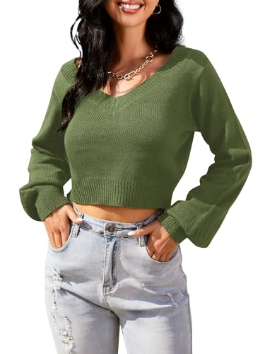 Image of ZAFUL Women's Cropped Sweater V-Neck Long Sleeve Pullover Jumper Knit Top | Crop Length, Ribbed Knit, Double V design, White sweater, Raglan sleeves, lantern sleeve, Fall & Winter, Loose fit, Oversized