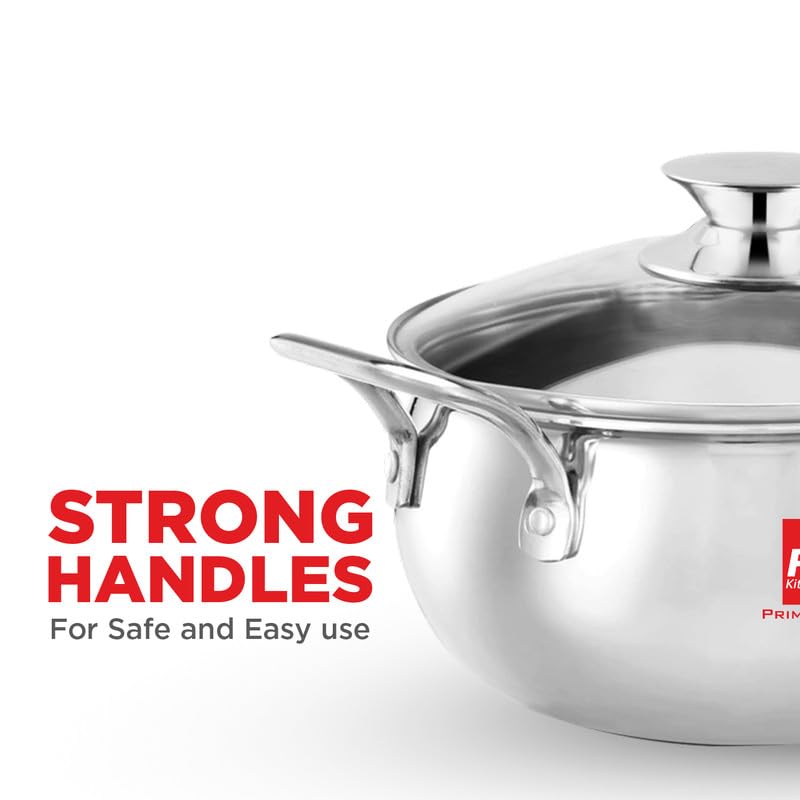 Image of PNB Kitchenmate Triply Stainless Steel Handi with Glass Lid, 1.5 LTR, 14.5 cm | 2.5mm Thick Induction Base Cookware | Healthy Cooking & Serving Pot | 5 Years Warranty