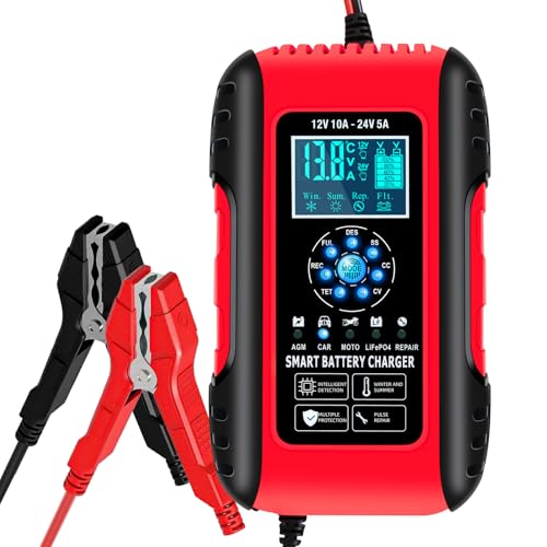 10A Chargeur de Batterie Voiture LiFePO4 Lithium 12V/24V Auto Intelligent avec Écran LCD pour...