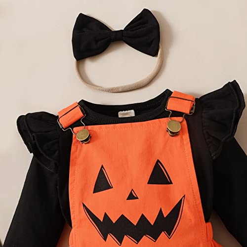 Newborn Girl Halloween Outfits Long Sleeve Solid Sweatshirt Tops Bib Overalls Ghost Jumpsuits Bow Headband Baby Fall Clothes4