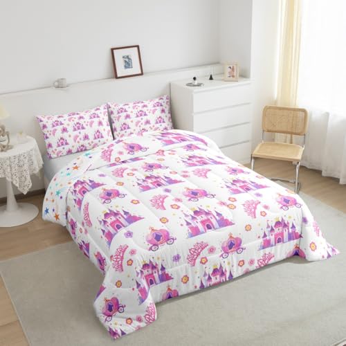 Image of Feelyou Kids Princess Castle Bedding Set Full Size, Fairytale Duvet Insert Pumpkin Carriage Comforter Set Boys Girls Teens Bedroom Decor 3Pcs