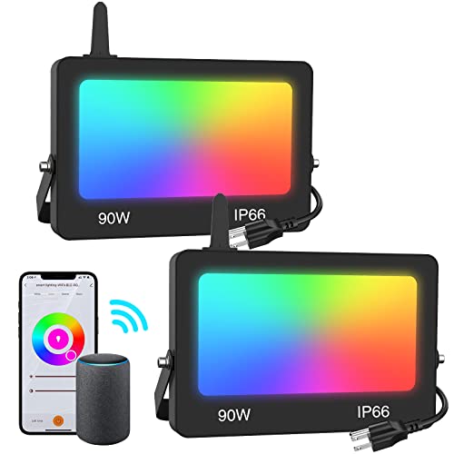 Onforu Wifi Rgbcw Led Flood Light Outdoor 900W Equiv 2 Pack, 90W Smart Color Changing Stage Lights Work With Alexa 2700K-6500K, Ip66 Uplights For Events, Landscape Floodlight, Music Sync #TOP27