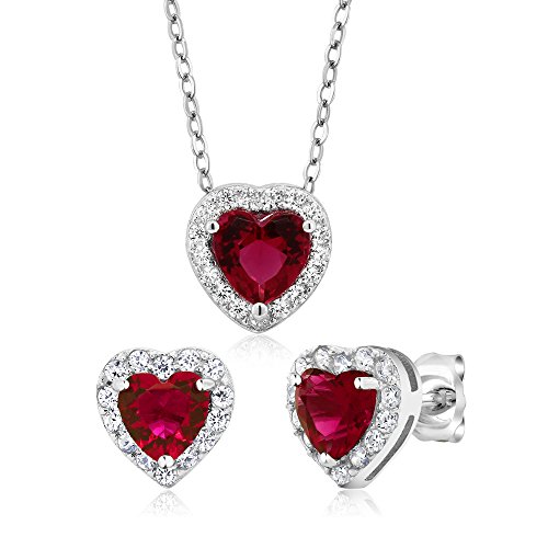Gem Stone King 925 Sterling Silver Heart Shape Red Zirconia Earrings and Pendant Set, 3.45 Cttw with 18 Inch Silver Chain