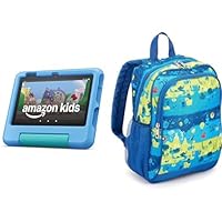 Amazon Fire 7 Kids tablet, ages 3-7 (16GB, Blue) + Backpack Bundle