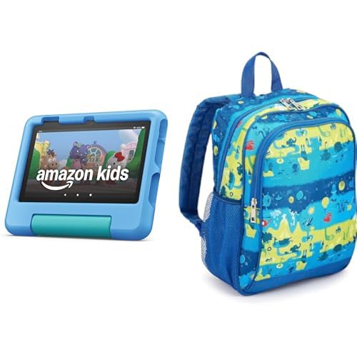 Amazon Fire 7 Kids tablet, ages 3-7 (16GB, Blue) + Backpack Bundle