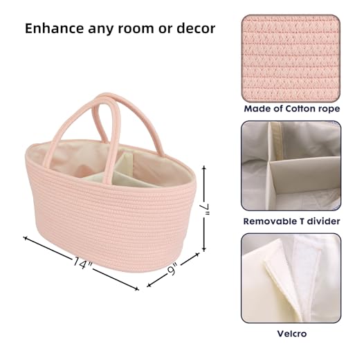 Image of Diaper Caddy Organizer Cotton Rope Baby Basket Nursery Storage and Portable Tote Bag for Car Ideal Baby Shower Gifts and Registry Must-Have for Newborn Essentials coral pink