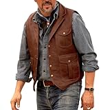GOKTOG Men Genuine Cowhide Leather Brown Vintage Waistcoat, Western Sleeveless Vest Cowhide (US, Alpha, Large, Regular, Regular, Western Brown Leather Vest Men)