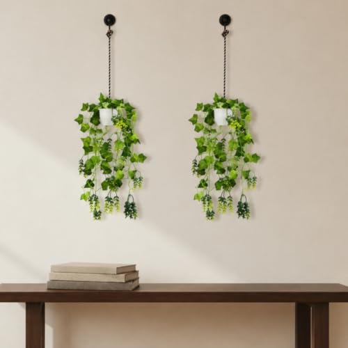 Image of fancymart Artificial Hanging Ivy Plant with White Hanging Pot & Rope, 60 cm Height, Pack of 2, Realistic Green Leaf Creeper for Home, Office, Living Room & Wall Decor