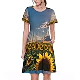 robe tunique sunlight Caractéristiques principales : t-shirt à col rond, robe tournesols avec manches courtes, longueur genou, coupe trapèze, silhouette flatteuse. Comprend des poches et couvre doucement les hanches sans excès de volume.