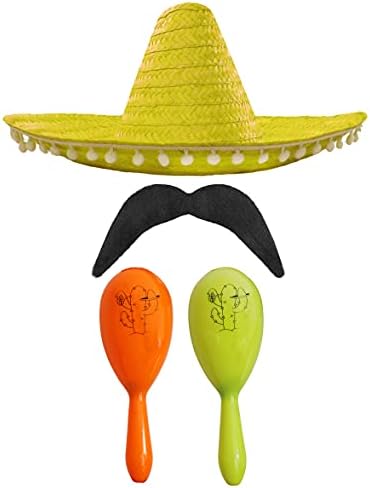MEXICAN FANCY DRESS ACCESSORY SET - MEXICAN SOMBRERO WITH MARACAS AND TASH BLACK POM POM SOMBRERO + 2X GREEN MARACAS