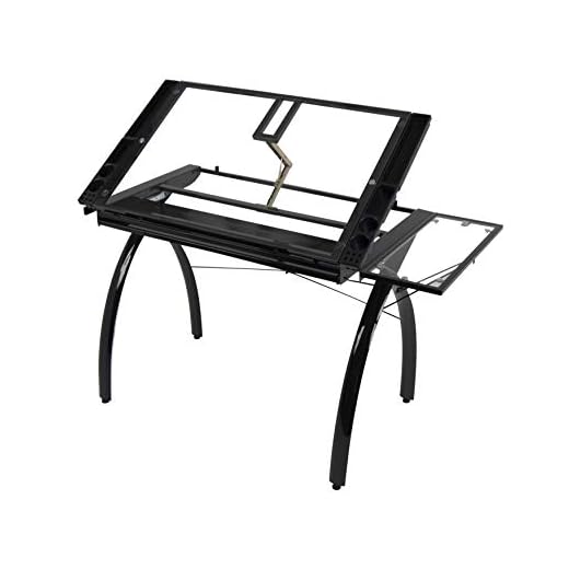 SD Studio Designs 10097 Futura Station with Folding Shelf Top Adjustable Drafting Craft Drawing Hobby Table Writing Studio Desk with Drawer, 35.5'' W x 23.75'' D, Black/Clear Glass