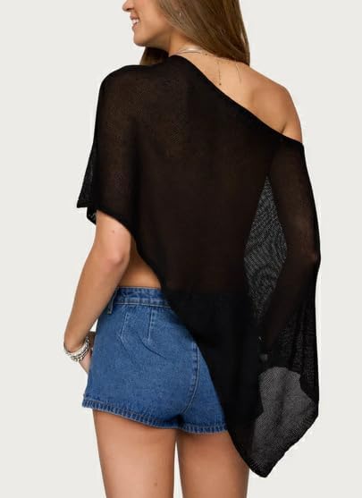 Women Knit Poncho Top Y2k Off Shoulder Crochet Sheer Shawl Asymmetrical Hem Cover Up Shrug Sweater - Image 4