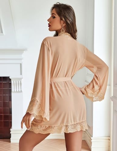 Image of Avidlove Women Lace Kimono Robe Babydoll Sexy Lingerie Mesh Chemise Nightgown Cover Up