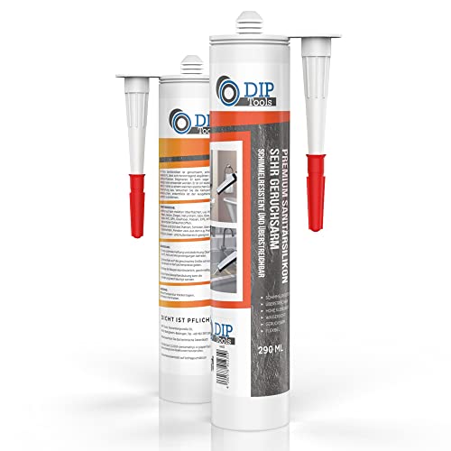 DIP-Tools Sanitär-Silikon 2x290ml weiß I für Dusche Bad & Küche - schimmelresistent und lösungsmittelfrei - langlebige Dichtmasse für Fugen - Silikon-Kartusche für zahlreiche Anwendungen Cover