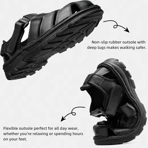 KOIMED Men's Fisherman Leather Sandals With Adjustable Back Strap Comfortable Summer Outdoor Sport Beach Hiking Casual Dress Sandles Memory Foam Closed Toe Black 5