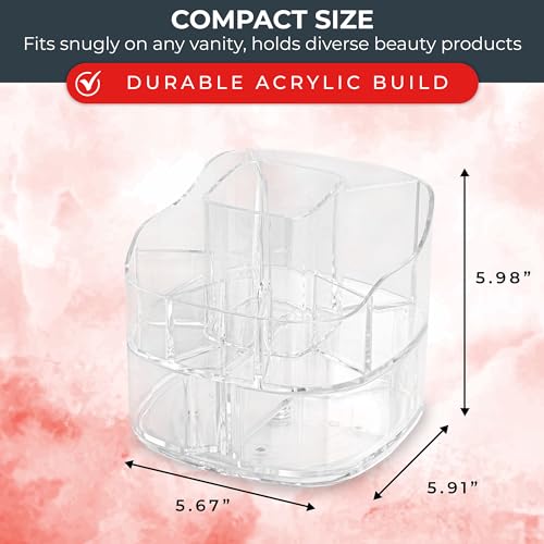 Image of Masirs 360-Degree Rotating Makeup Organizer - Small Acrylic Cosmetic Storage Caddy with 5 Compartments, Mini Lazy Susan Vanity Organizer for Bathroom Counter, Skincare, Perfume, Brushes, Clear