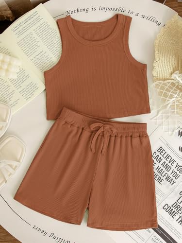 Image of NEW 6-14Y Tween Girls Stretchy Rib Knit Outfit Rayon Tank & Shorts Set Casual Lounge Playwear