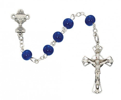McVanBoys Childrens First Communion Rosary with Chalice Centerpiece 5mm Blue Glass Beads by McVan
