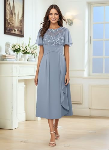 Elegant Lace Applique Tea Length Mother of The Bride Dress Chiffon Ruffle Sleeves with Draped Side Panel Formal Evening Gown4