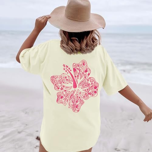 Image of Hawaiian T Shirts for Women Oversized Aesthetic Hibiscus Flower Beach Shirt Teens Preppy Tropical Graphic Tee Tops
