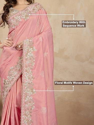 Image of TRENDMALLS Women's Jacquard Silk Embroidery With Sequin Work Saree with Unstitch Blouse Piece For Women