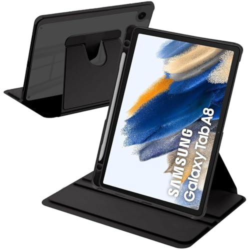 A BEAUTY Funda Giratoria Compatible con Samsung Galaxy Tab A8 10.5 Pulgadas (SM X200/X205/X207) con Soporte S Pen, Rotación de 360° Respaldo Clara, Auto Sueño/Estela, Negro