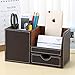 KINGFOM Desk Organizer Office Supplies Caddy Pu Leather Multi-function Storage Box Pen/Pencil,Cell phone, Business Name Cards Remote Control Holder with Small Drawer Brown