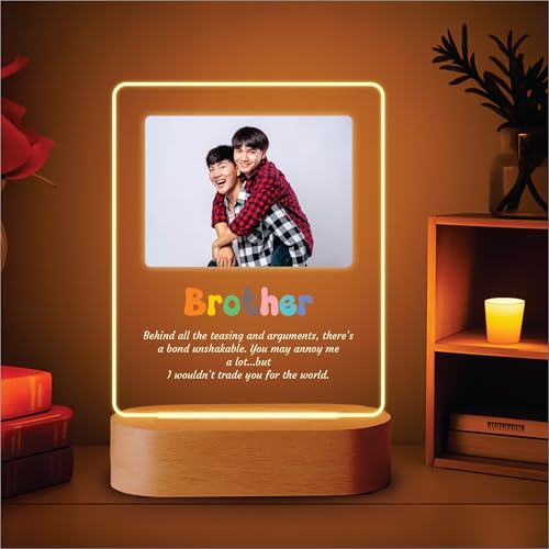 Image of Giftplease Personalized Photo Night Light for Brother - Custom Acrylic Picture LED Lamp with Wooden Base, Engraved Sibling Keepsake Frame, Unique Birthday, Rakhi, Gift for Brother from Sister