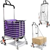 Kallwong Stair Climbing Collapsible Shopping Carts for Groceries and Hand Truck 2-in-1,Lightweight Utility Cart with Waterproof Liner Basket, Elastic Cord for Luggage,Camping,Transport,60L (EL)
