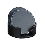 Accmart Set of 6 PU Leather Coasters Cup Mats with Holder Home Office Hotel Use Black