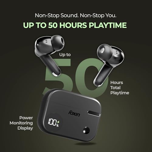 Image of Foxin FoxBuds F1 ANC True Wireless Bluetooth Earbuds Upto 30dB ANC, 50Hrs Playtime, Dual Pairing, Quad Mic ENC, 13mm Bass Driver, 40ms Low Latency, Digital Display, Gaming Mode, BT 5.4 (Shadow Black)