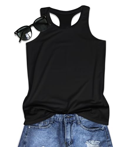 JILUVIN Tank Tops for Women Racerback Summer Sleeveless Top Casual Graphic Basic Shirts, Black, L