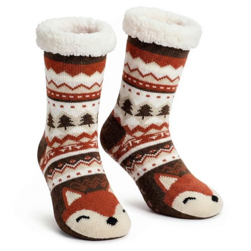 Cozylook Fox Slipper Socks for Women Fuzzy Sherpa Non Slip Cozy Gifts | Holiday animal knit, warm plush lining, gripper dots, pink box included, one size US 6-10, winter home wear
