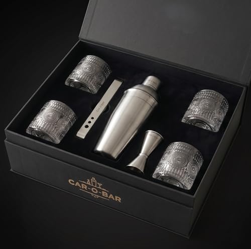 Image of Car-O-Bar Silver Bar Set with Glasses Gift Set | 7 Pieces Bartender Kit:Cocktail Shaker, Jigger,Ice Tong, Set of 4 Whiskey Glasses