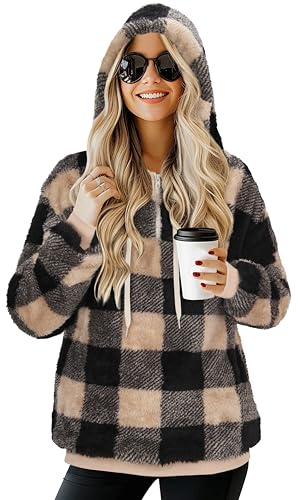 TBONTB Womens Sherpa Hoodies Fuzzy Fleece Oversized Fluffy Pullover Sweatshirt with Pockets Black White Plaid 3X Large