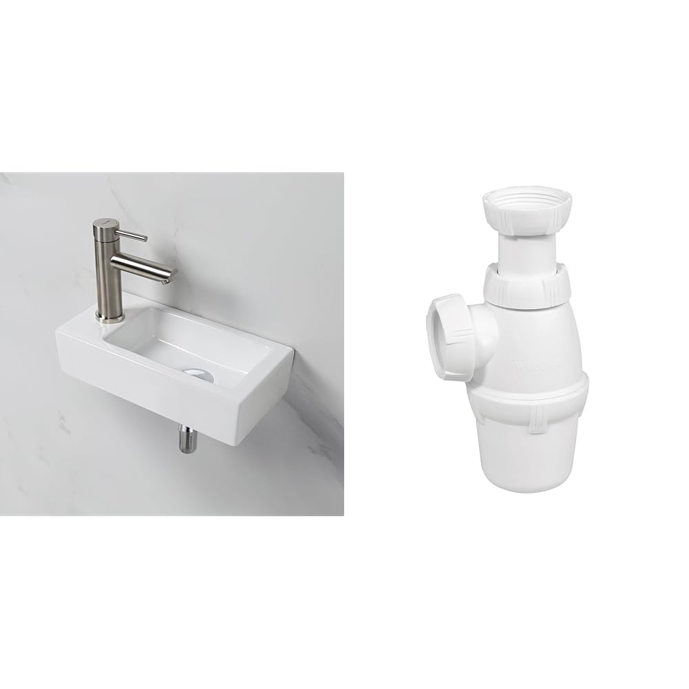 Ibergrif M41102-L, Lavabo Lave Main Blanc Rectangulaire en Céramique Suspendu pour Salle de Bains et WC & Wirquin 30723136 Siphon de lavabo Ø32 réglable en hauteur, blanc