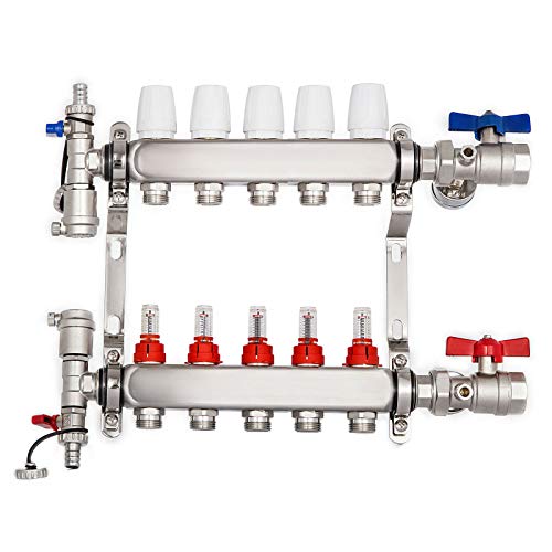 BestEquip Radiant Floor Manifold 5 Loop Radiant Floor Heating Set 5 Branch Radiant Floor Heating Kit 1/2inch PEX Tubing for Heat Stainless Steel (5-Loop)