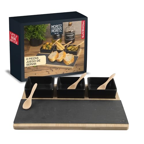 Moritz & Moritz juego de cuencos negro incl. cuchara, tabla de servir y plato de pizarra - juego de cuencos como cuencos para tapas, cuencos para mojar, cuencos para aperitivos y cuencos para tapas