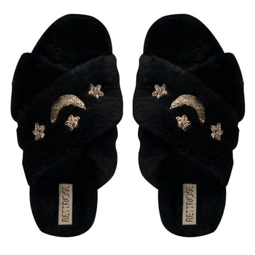 Image of Rettrose women’s cosy slippers uk size 6 - isabel luxury black plush star & moon handmade womens faux fur slipper, ladies house shoes, fluffy soft and warm footwear