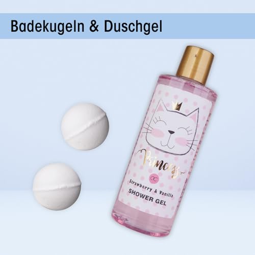 Accentra Geschenkset PRINCESS KITTY, 7-teiliges Geschenkset für Mädchen mit Duschgel, Bodylotion, Körperpeeling, Körpercreme, Badebomben und Netzschwamm im rosa Körbchen, Erdbeere & Vanille Duft