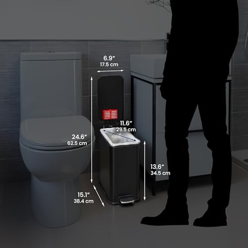 Image of iTouchless 3 Gallon Small Wastebasket for Bathroom with Lid, Deodorizer, Soft-Step Stainless Steel Slim Garbage Bin, 12 L Black Small Trash Can, Step Pedal, Modern Farmhouse Decor for Powder Room